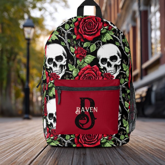 Personalized Monogram Gothic Red Rose and Skull Printed Backpack (Creator Uploaded)