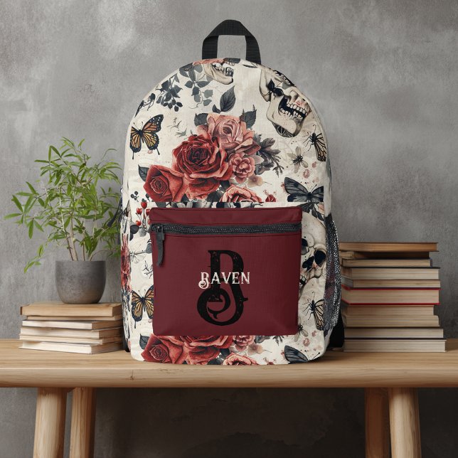 Personalized Monogram Gothic Red Rose and Skull Printed Backpack (Creator Uploaded)