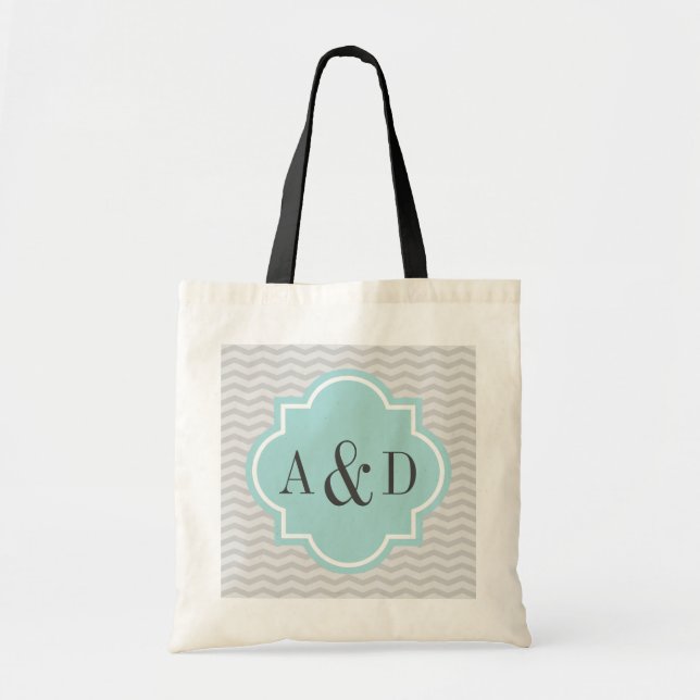 Personalized monogram gray chevron stripe tote bag (Front)