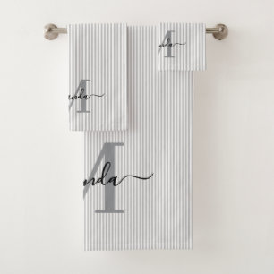Personalized Monogram Gray & White Stripes Bath Towel Set