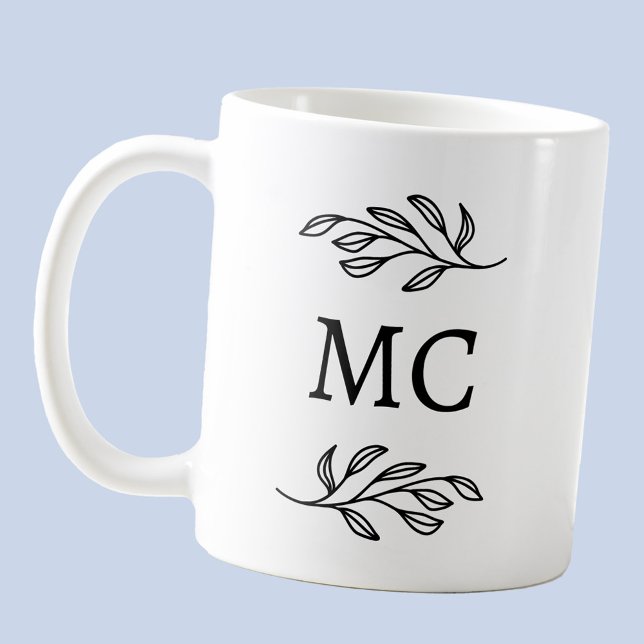 Personalized Monogram Initials Botanical Leaf Art Coffee Mug (Modern personalized monogram initials botanical leaf line art coffee mug)