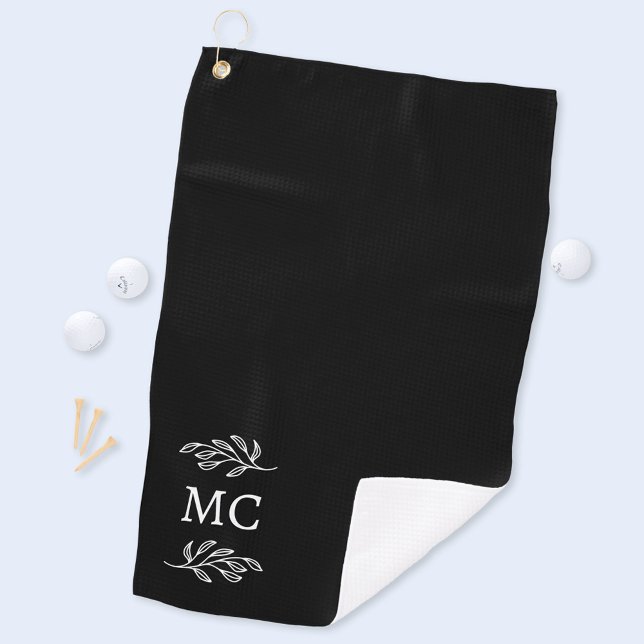 Personalized Monogram Initials Botanical Leaf Golf Towel (Modern personalized monogram initials botanical leaf line art golf towel)