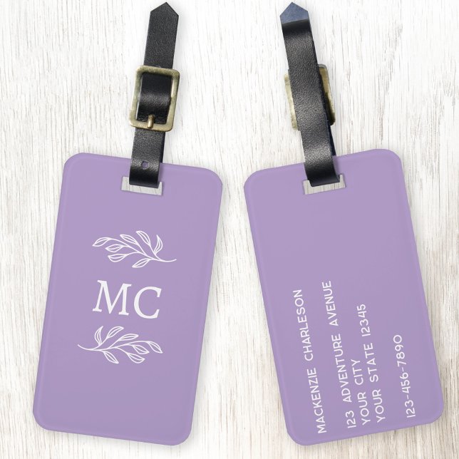 Personalized Monogram Initials Botanical Leaf Luggage Tag (Personalized monogram initial botanical leaf art minimalist pastel lilac purple luggage tag)