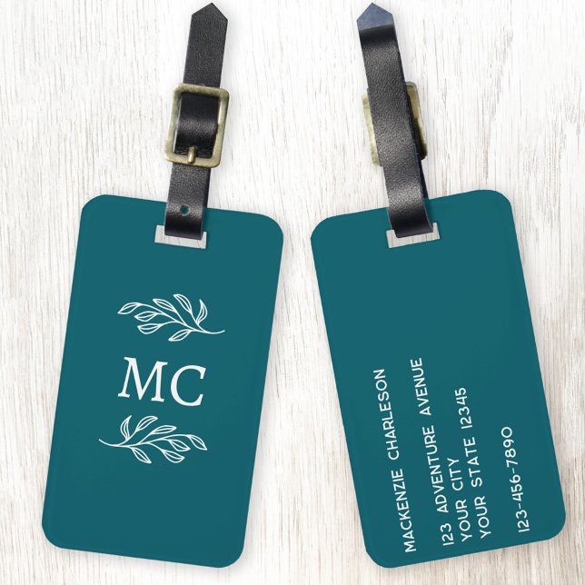 Personalized Monogram Initials Botanical Leaf Luggage Tag (Personalized monogram initial botanical leaf art minimalist teal green luggage tag
)