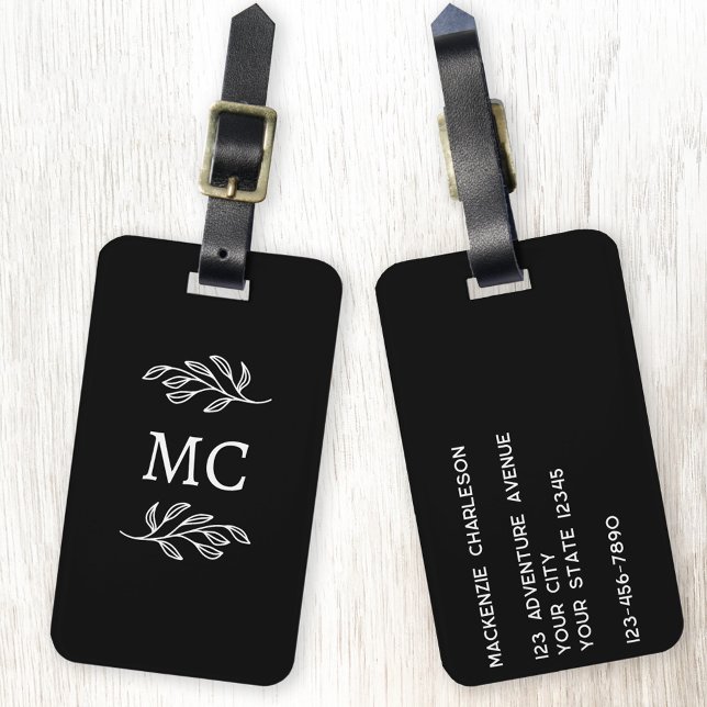 Personalized Monogram Initials Botanical Leaf Luggage Tag (Personalized monogram initial botanical leaf art minimalist black and white luggage tag)