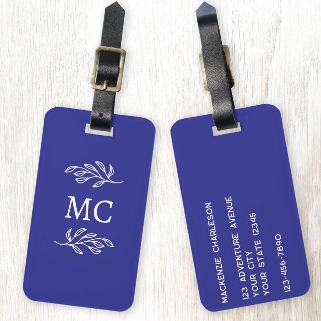Personalized Monogram Initials Botanical Leaf Luggage Tag (Personalized monogram initial botanical leaf art minimalist cobalt blue luggage tag)