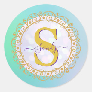 Personalized Monogram Mandala Gold and Blue Classic Round Sticker