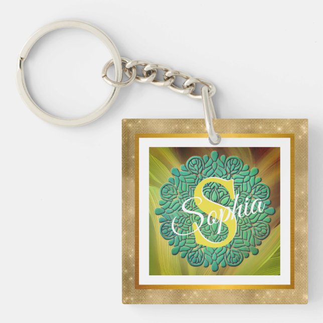 Personalized Monogram Mandala Gold and Blue Key Ring (Front)