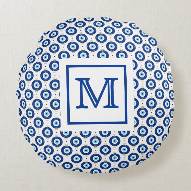 Personalized Monogram Modern Evil Eye Pattern  Round Cushion (Front)