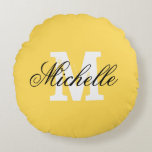 Personalized monogram mustard yellow round throw cushion<br><div class="desc">Personalized monogram mustard yellow round throw pillow. vintage design with monogrammed initial letter. Chic home decor for sofa couch bed chair car etc. Elegant script typography template. Trendy cushions.</div>