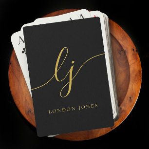 Personalized Monogram Name Black Gold Script Playing Cards