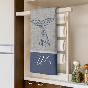 Personalized Monogram Nautical Whale Tail Line Art Tea Towel