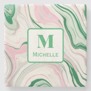 Personalized Monogram Pink And Green Marble Stone Coaster