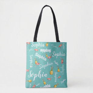 Personalized Monogram Pink Teal Flamingo Pineapple Tote Bag