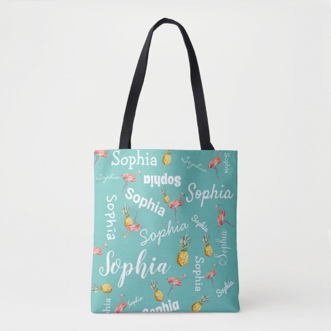 Personalized Monogram Pink Teal Flamingo Pineapple Tote Bag (Front)