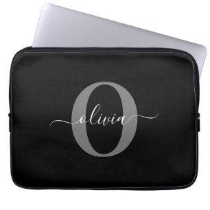 Personalized Monogram Script Name Black White Grey Laptop Sleeve