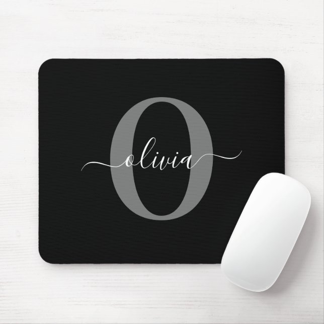 Personalized Monogram Script Name Black White Grey Mouse Pad (With Mouse)