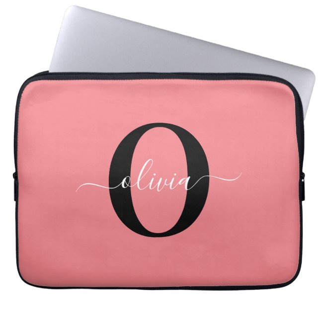 Personalized Monogram Script Name Black White Pink Laptop Sleeve (Front)