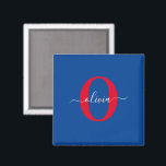 Personalized Monogram Script Name Blue White Red Magnet<br><div class="desc">This elegant monogram and stylish script name design can be given as a gift for a birthday, wedding, bridal shower, anniversary, Mother's Day or any occasion. It can be personalized with the person's initial and name. You can change the font, font color, font size and background color using the Design...</div>