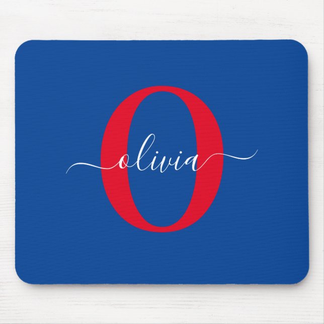 Personalized Monogram Script Name Blue White Red Mouse Pad (Front)