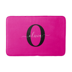 Personalized Monogram Script Name Pink Black White Bath Mat