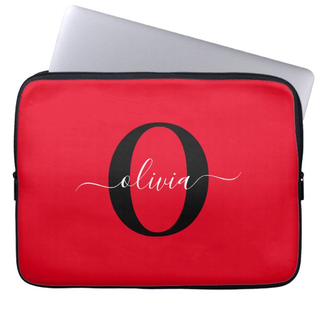 Personalized Monogram Script Name Red Black White Laptop Sleeve (Front)