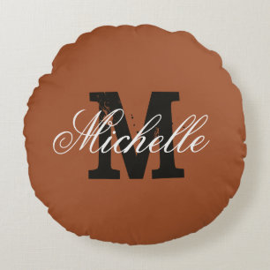 Personalized monogram sienna brown round throw cushion