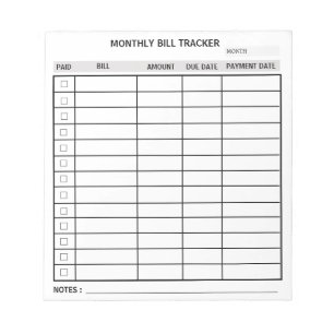 Personalized Monthly Bill Tracker Notepad