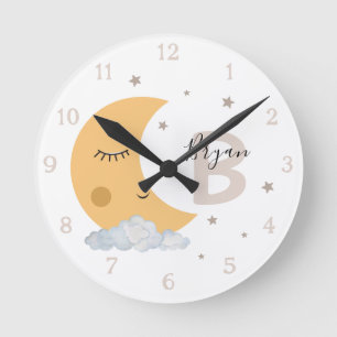 Personalized Moon Nursery Wall Clock Neutral Beige