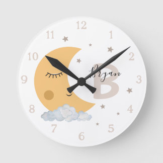 Personalized Moon Nursery Wall Clock Neutral Beige
