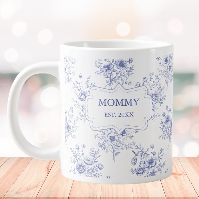 Personalized Mothers Day Blue Flowers Floral Large Coffee Mug (In situ)