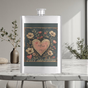 Personalized Mr & Mrs Just Married Vintage Floral  Hip Flask