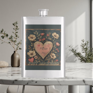 Personalized Mr & Mrs Just Married Vintage Floral  Hip Flask