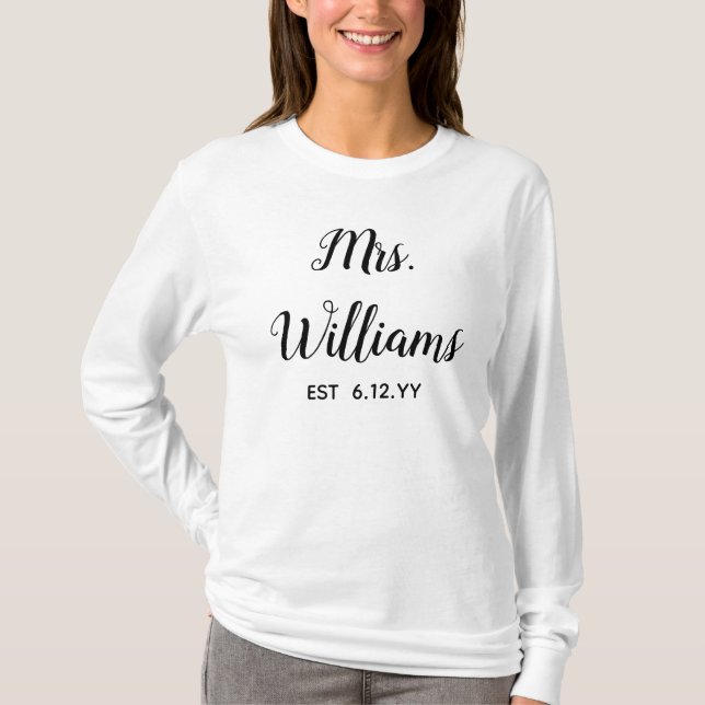 Personalized Mrs Est Your Date Present for Bride T T-Shirt (Front)