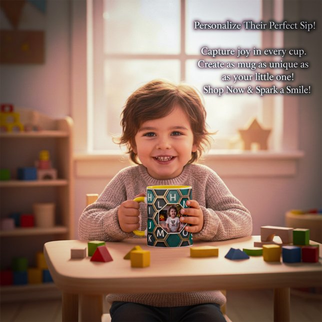 Personalized Mug with Custom Kid Photo A-Z letters (Personalized Alphabet Honeycomb Mug with Custom Kid Photo)