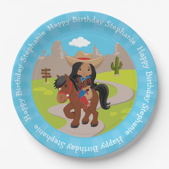 Personalized Multicultural Birthday Cowgirl Paper Plate (Front)