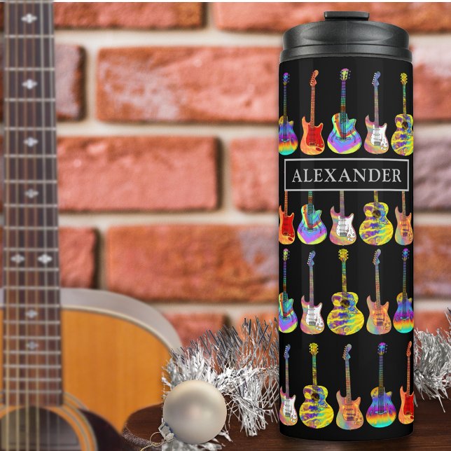 Personalized Music Lovers Christmas Guitars Thermal Tumbler (psychedelic music gift,colorful guitar pop art,electric acoustic guitars,guitar player holiday gift)