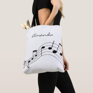 Personalized music notes on a chic white backdrop tote bag