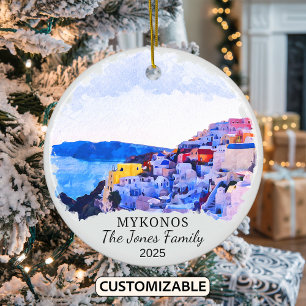 Personalized Mykonos Ornament, Greece Ceramic Tree Decoration