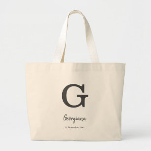 Personalized name and date monogram letter “G" Large Tote Bag