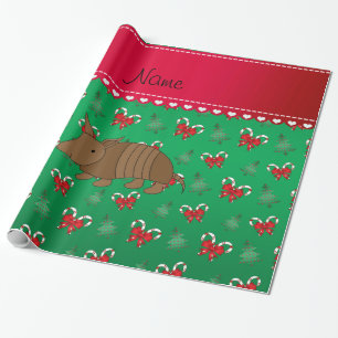 Personalized name armadillo green candy canes bows wrapping paper