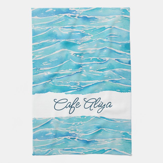Personalized Name Beach Waves Watercolor Novelty Tea Towel (Vertical)