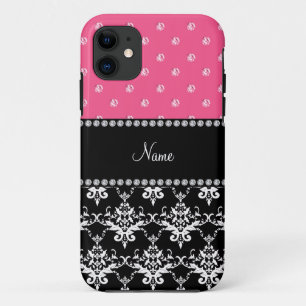 Personalized name black damask pink diamonds Case-Mate iPhone case