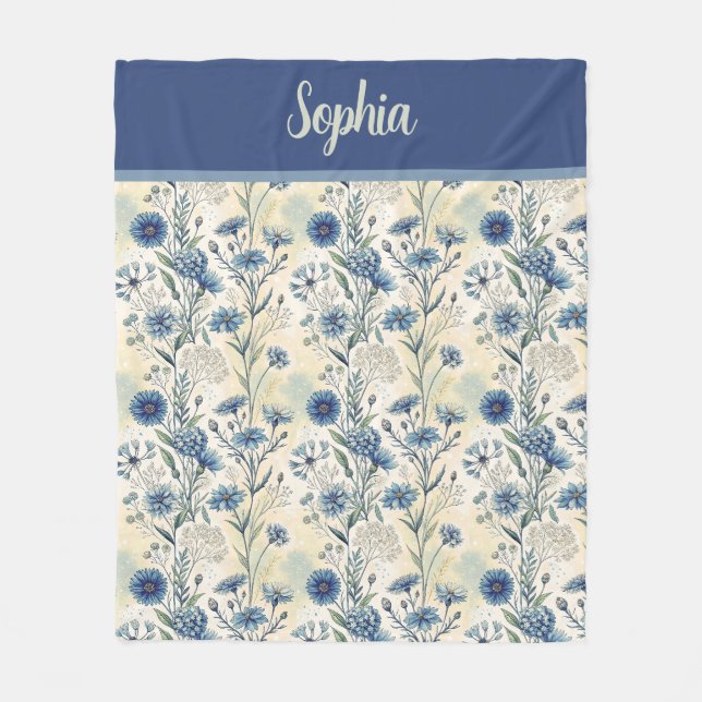 Personalized Name Blue Wildflowers Fleece Blanket (Front)