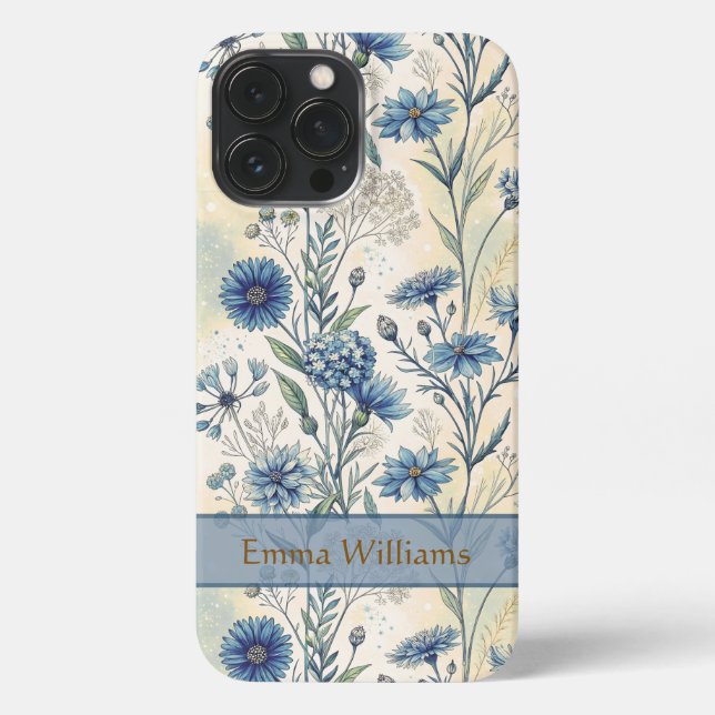 Personalized Name Blue Wildflowers iPhone Case (Back)