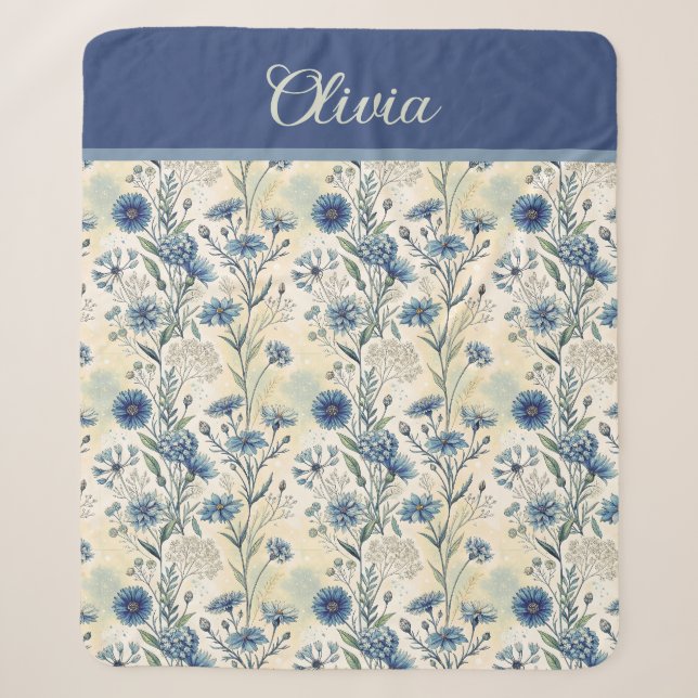 Personalized Name Blue Wildflowers Sherpa Blanket (Front)