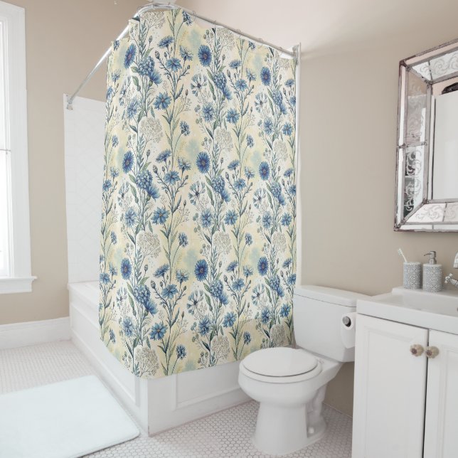 Personalized Name Blue Wildflowers Shower Curtain (In Situ)