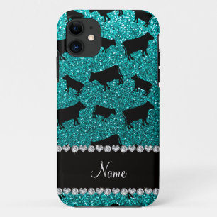 Personalized name bright aqua glitter cows iPhone 11 case