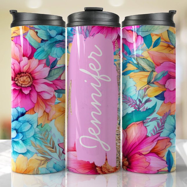 Personalized Name Bright Pink Floral Unique Gift Thermal Tumbler (Floral Tumbler )