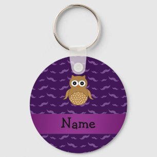 Personalized name brown owl purple mustaches key ring
